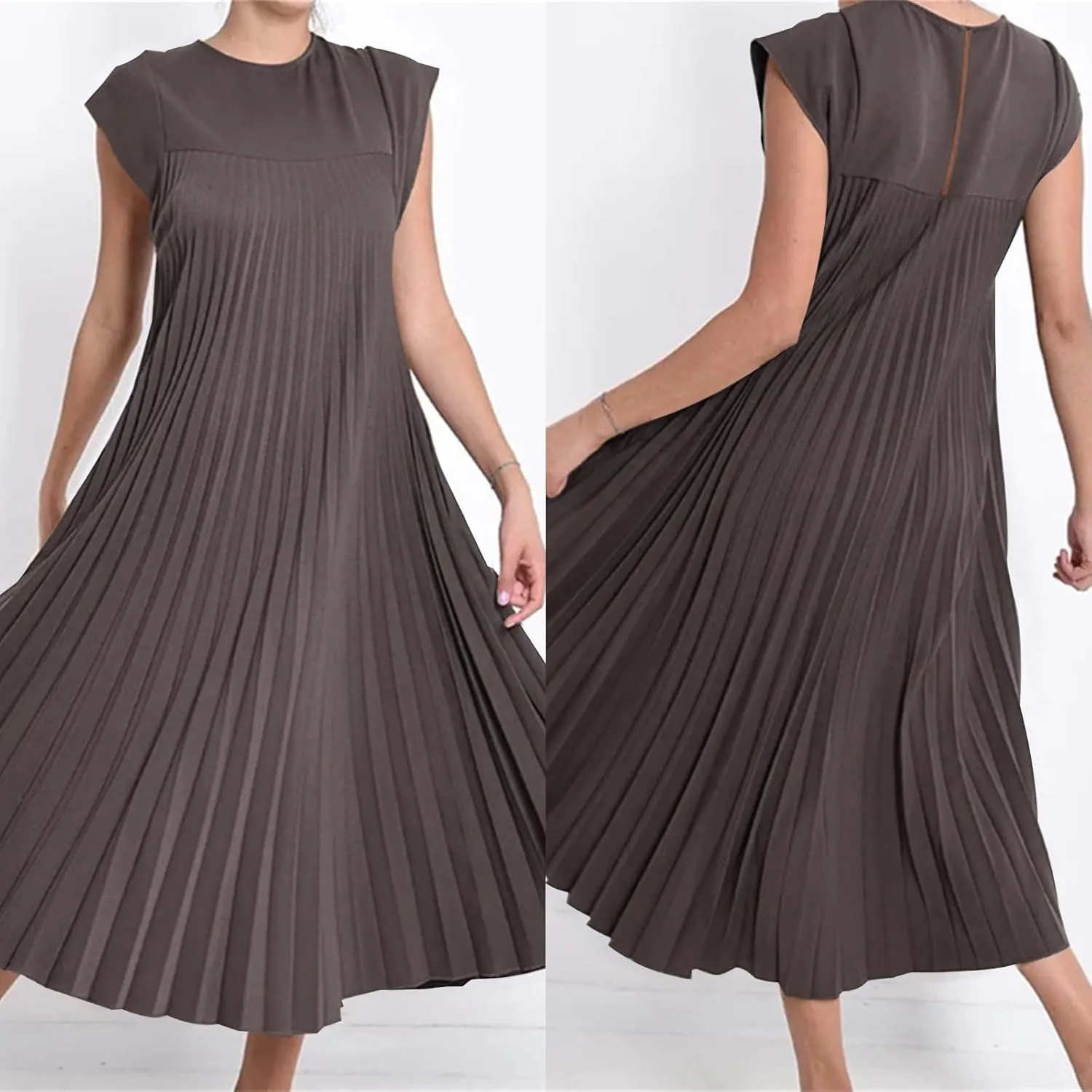 Women's Summer Pleated Maxi Dress 2024 Casual Cap Sleeve Loose Fit Flowy Long Dresses with Pockets