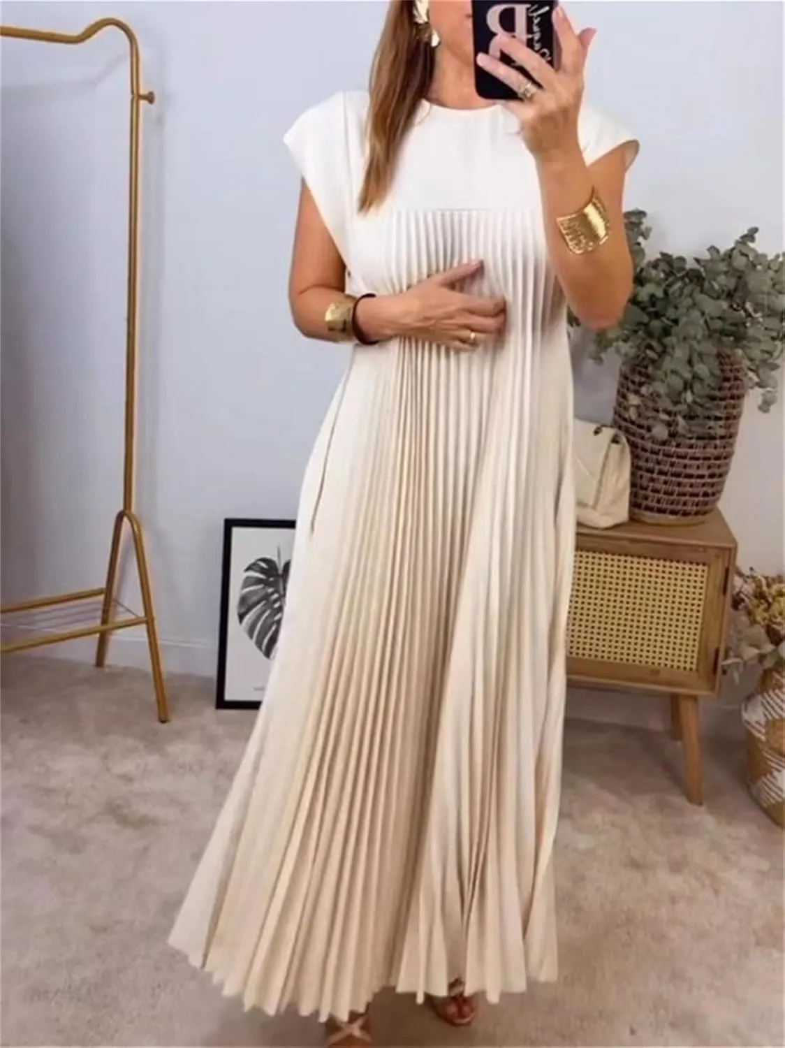 Women's Summer Pleated Maxi Dress 2024 Casual Cap Sleeve Loose Fit Flowy Long Dresses with Pockets