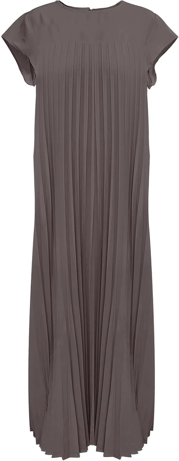 Women's Summer Pleated Maxi Dress 2024 Casual Cap Sleeve Loose Fit Flowy Long Dresses with Pockets