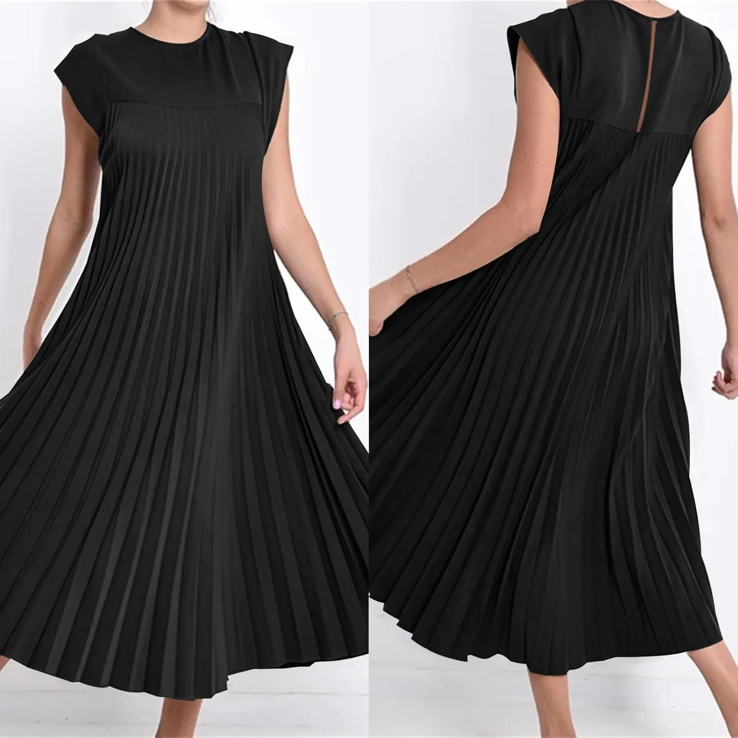 Women's Summer Pleated Maxi Dress 2024 Casual Cap Sleeve Loose Fit Flowy Long Dresses with Pockets