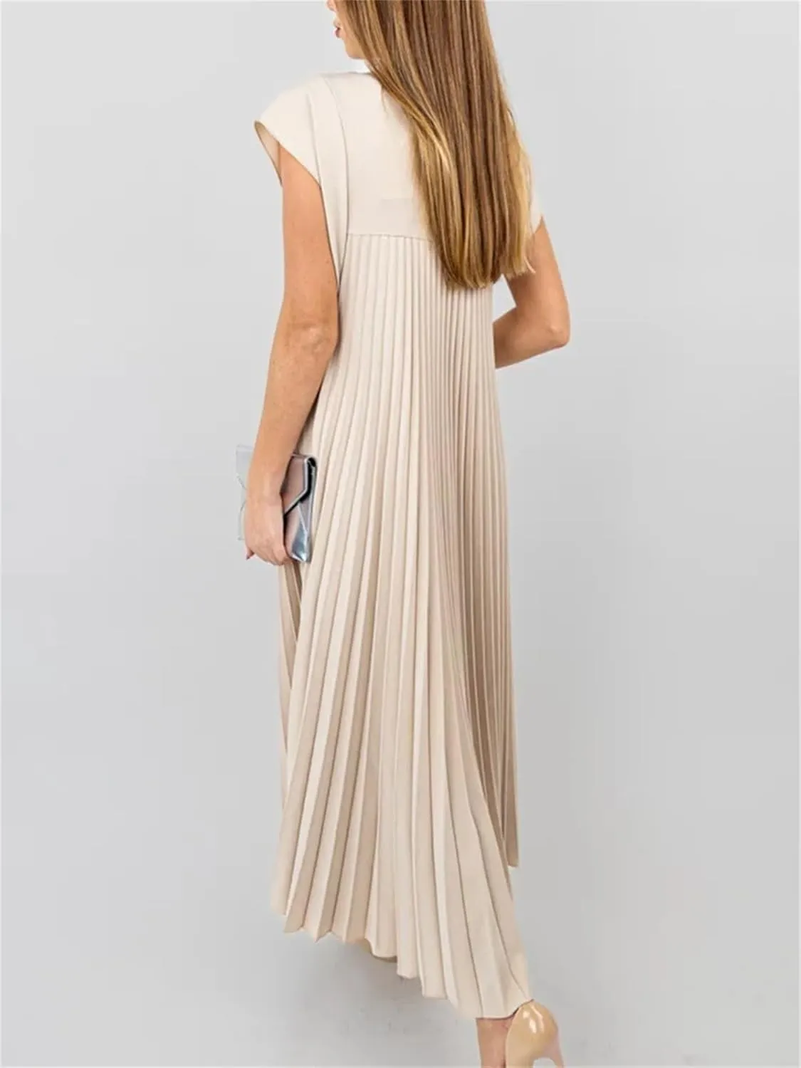 Women's Summer Pleated Maxi Dress 2024 Casual Cap Sleeve Loose Fit Flowy Long Dresses with Pockets