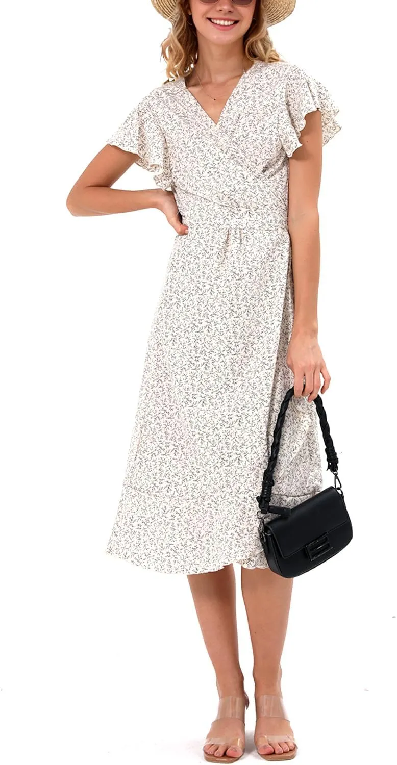 Women's Summer Wrap Maxi Dress Casual Boho Floral V Neck Short Sleeve Ruffle Hem Split Beach Long Dresses