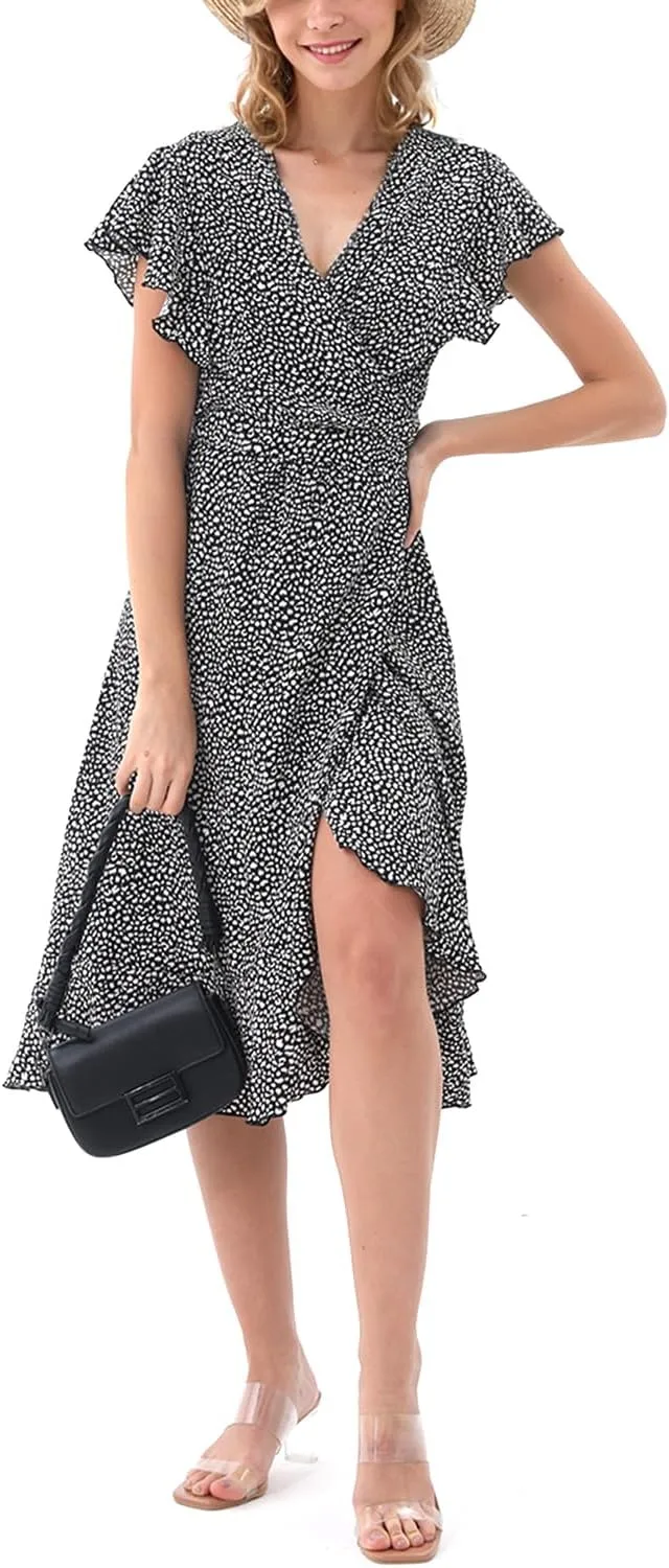 Women's Summer Wrap Maxi Dress Casual Boho Floral V Neck Short Sleeve Ruffle Hem Split Beach Long Dresses