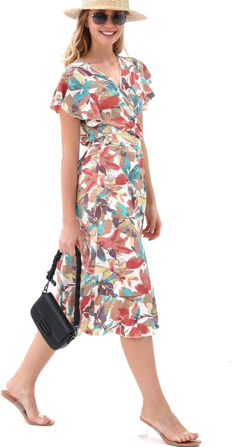 Women's Summer Wrap Maxi Dress Casual Boho Floral V Neck Short Sleeve Ruffle Hem Split Beach Long Dresses