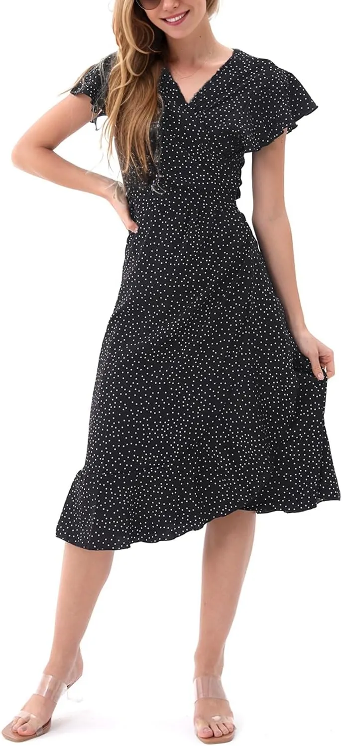 Women's Summer Wrap Maxi Dress Casual Boho Floral V Neck Short Sleeve Ruffle Hem Split Beach Long Dresses