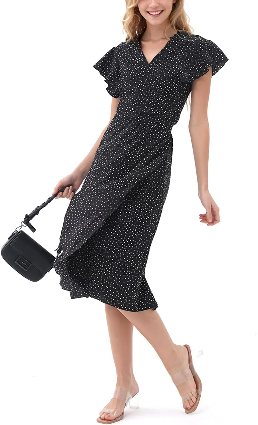 Women's Summer Wrap Maxi Dress Casual Boho Floral V Neck Short Sleeve Ruffle Hem Split Beach Long Dresses