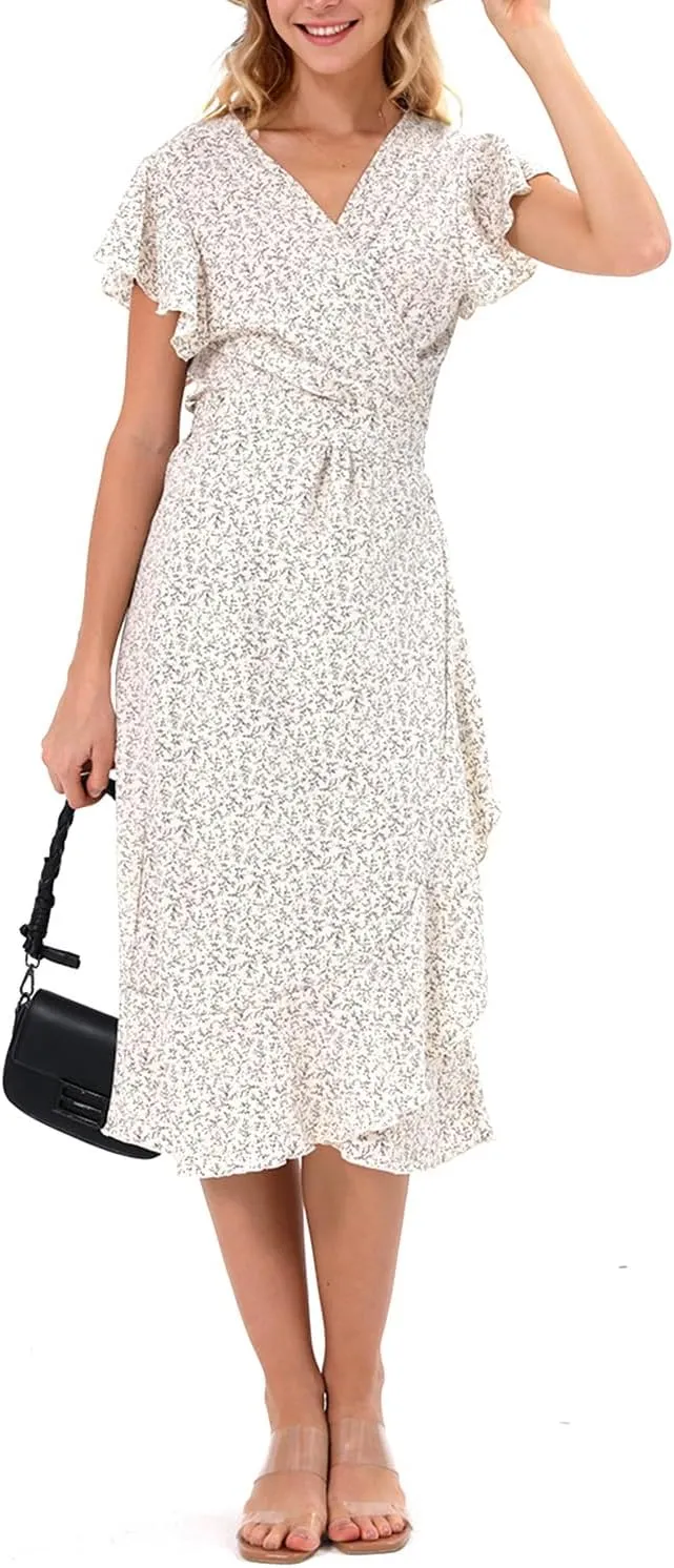 Women's Summer Wrap Maxi Dress Casual Boho Floral V Neck Short Sleeve Ruffle Hem Split Beach Long Dresses