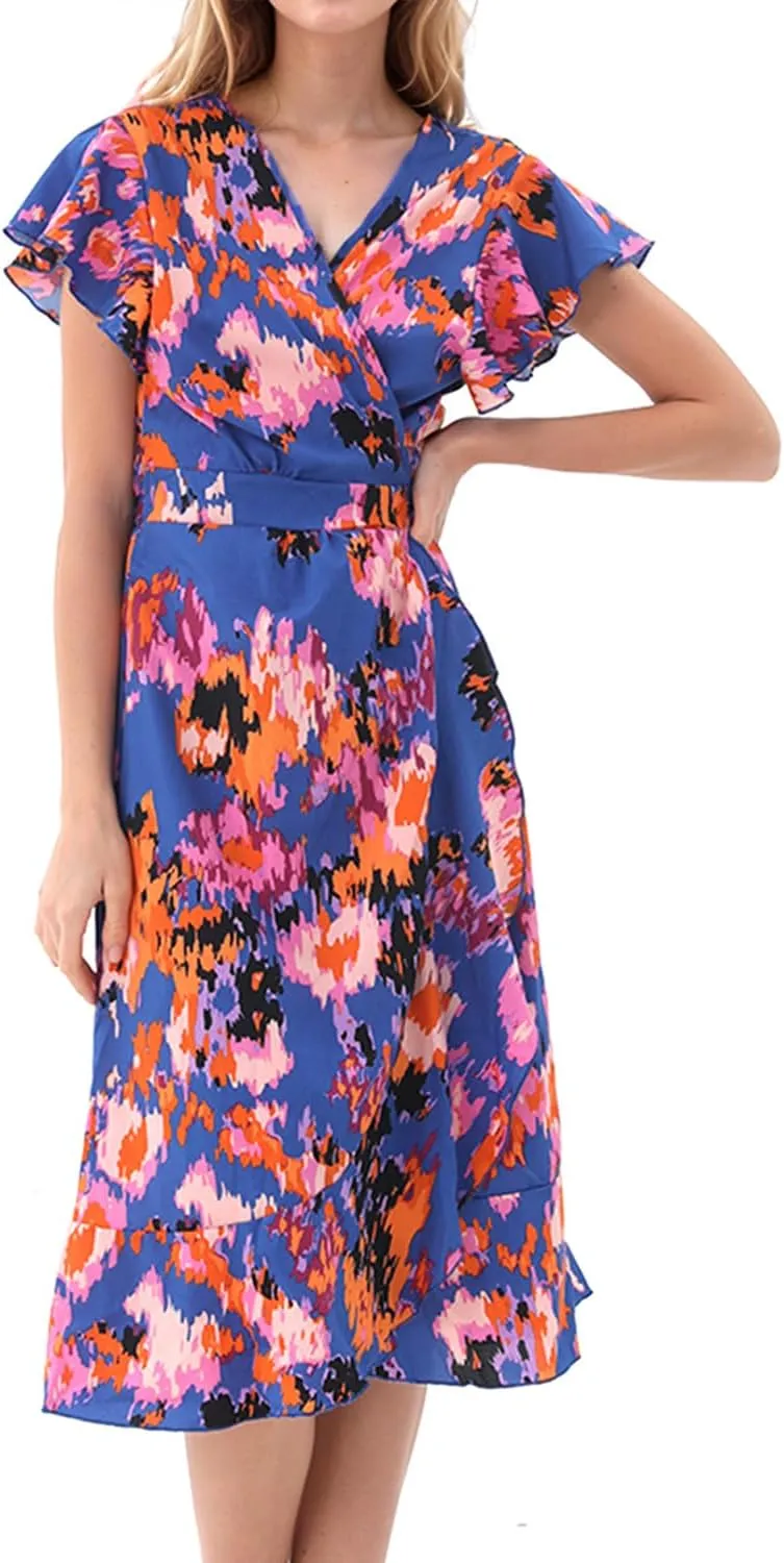 Women's Summer Wrap Maxi Dress Casual Boho Floral V Neck Short Sleeve Ruffle Hem Split Beach Long Dresses
