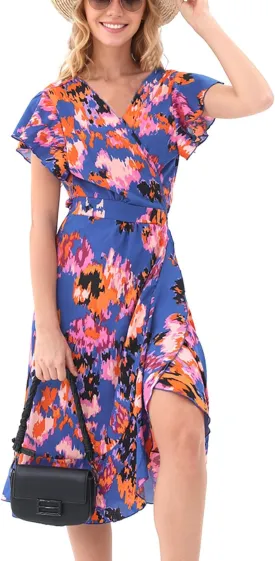 Women's Summer Wrap Maxi Dress Casual Boho Floral V Neck Short Sleeve Ruffle Hem Split Beach Long Dresses