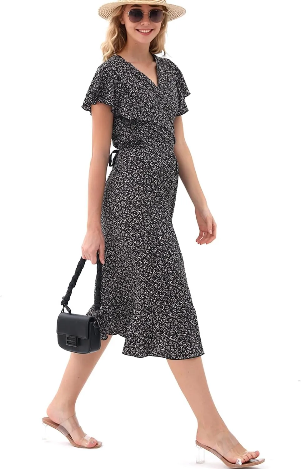 Women's Summer Wrap Maxi Dress Casual Boho Floral V Neck Short Sleeve Ruffle Hem Split Beach Long Dresses