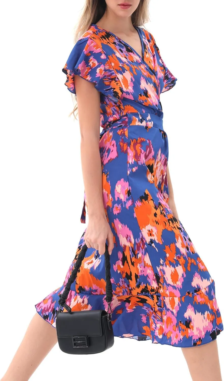 Women's Summer Wrap Maxi Dress Casual Boho Floral V Neck Short Sleeve Ruffle Hem Split Beach Long Dresses