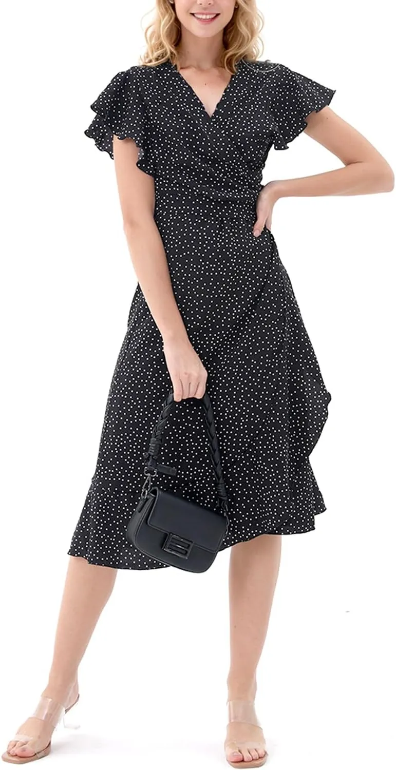 Women's Summer Wrap Maxi Dress Casual Boho Floral V Neck Short Sleeve Ruffle Hem Split Beach Long Dresses