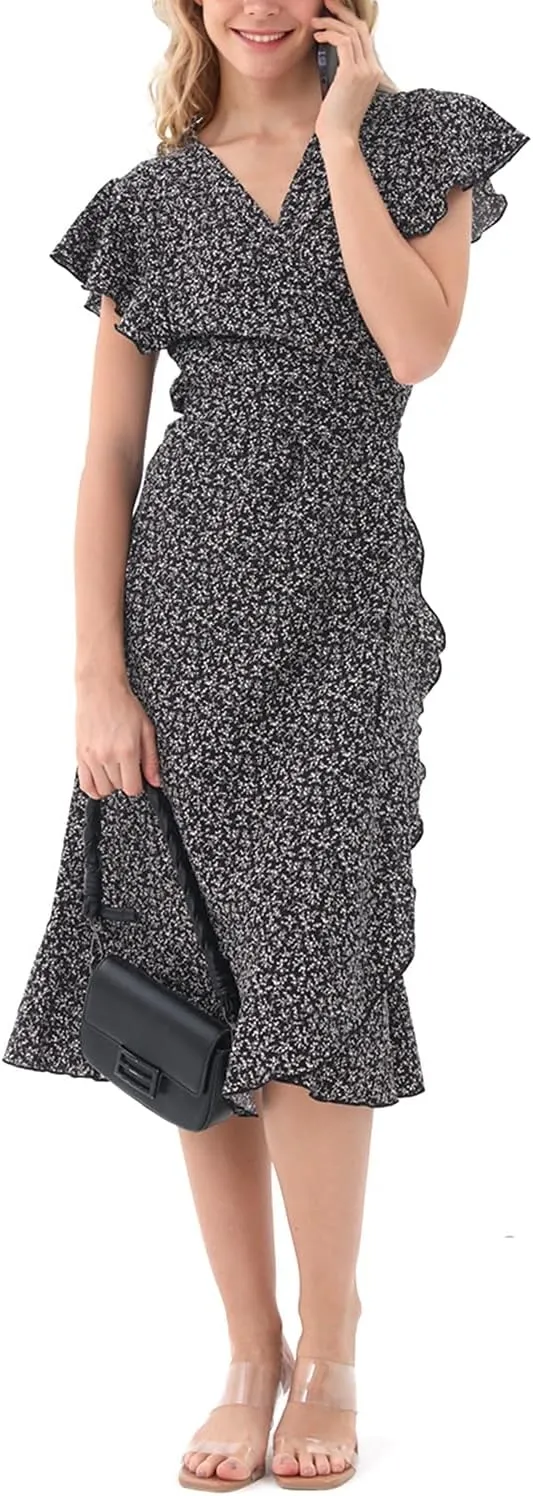 Women's Summer Wrap Maxi Dress Casual Boho Floral V Neck Short Sleeve Ruffle Hem Split Beach Long Dresses