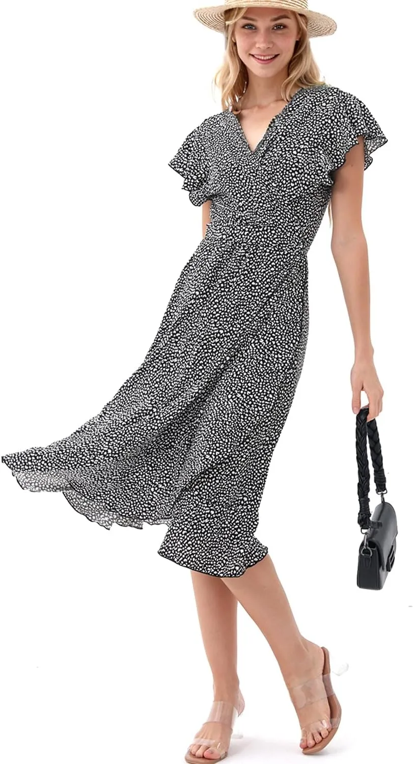 Women's Summer Wrap Maxi Dress Casual Boho Floral V Neck Short Sleeve Ruffle Hem Split Beach Long Dresses