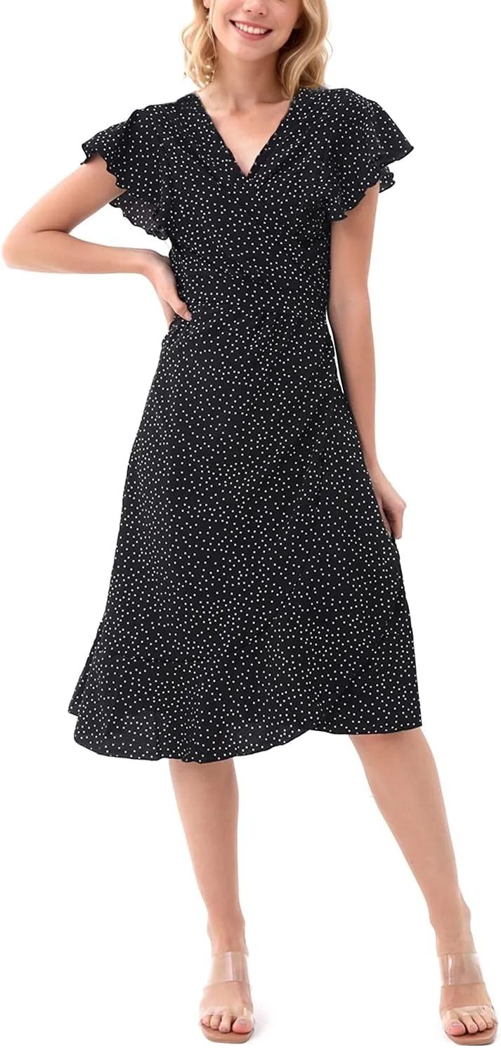 Women's Summer Wrap Maxi Dress Casual Boho Floral V Neck Short Sleeve Ruffle Hem Split Beach Long Dresses