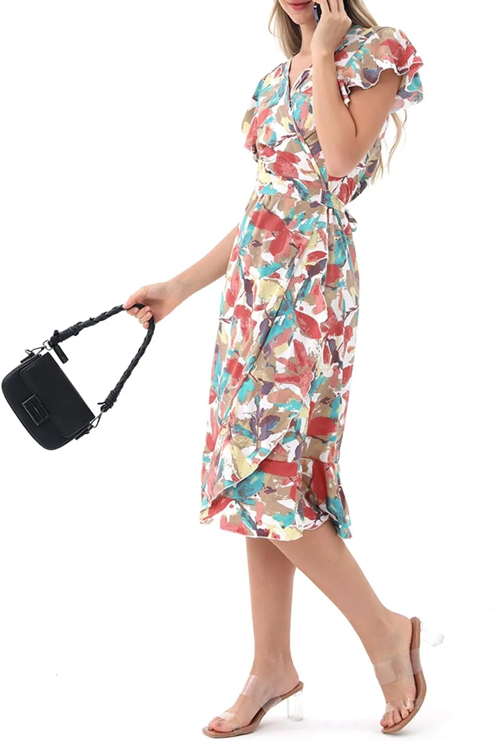 Women's Summer Wrap Maxi Dress Casual Boho Floral V Neck Short Sleeve Ruffle Hem Split Beach Long Dresses