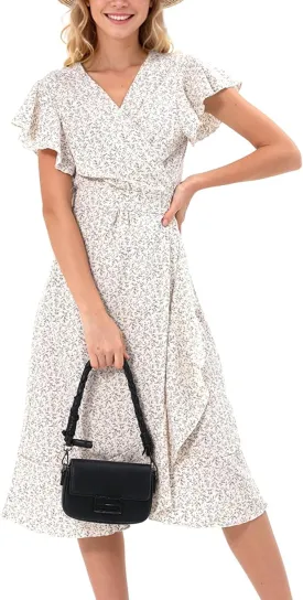 Women's Summer Wrap Maxi Dress Casual Boho Floral V Neck Short Sleeve Ruffle Hem Split Beach Long Dresses