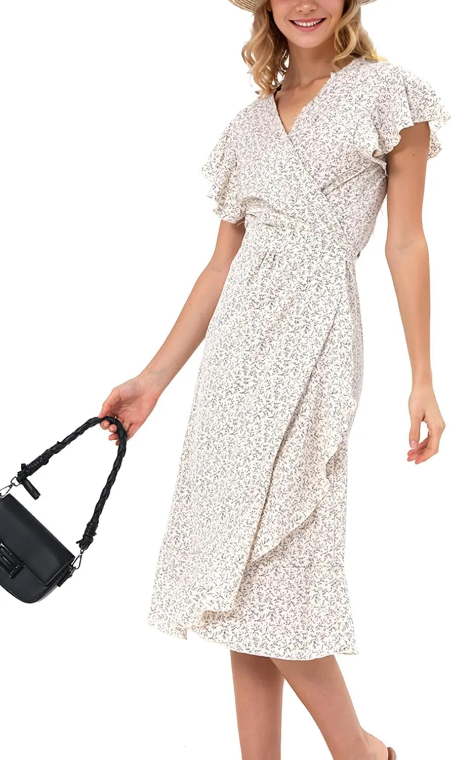 Women's Summer Wrap Maxi Dress Casual Boho Floral V Neck Short Sleeve Ruffle Hem Split Beach Long Dresses