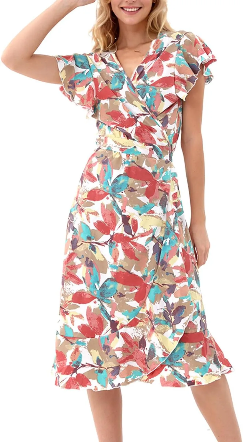 Women's Summer Wrap Maxi Dress Casual Boho Floral V Neck Short Sleeve Ruffle Hem Split Beach Long Dresses