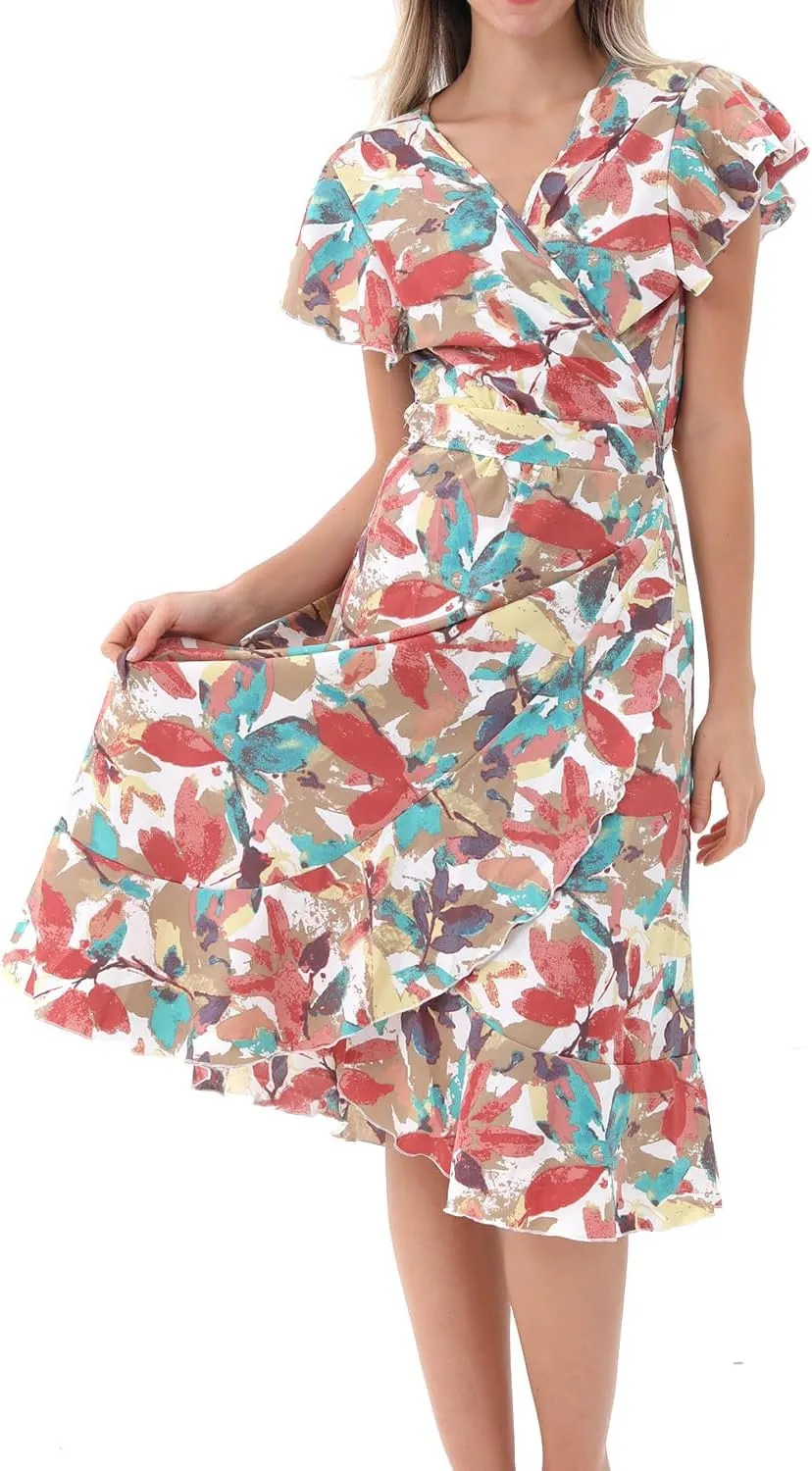 Women's Summer Wrap Maxi Dress Casual Boho Floral V Neck Short Sleeve Ruffle Hem Split Beach Long Dresses