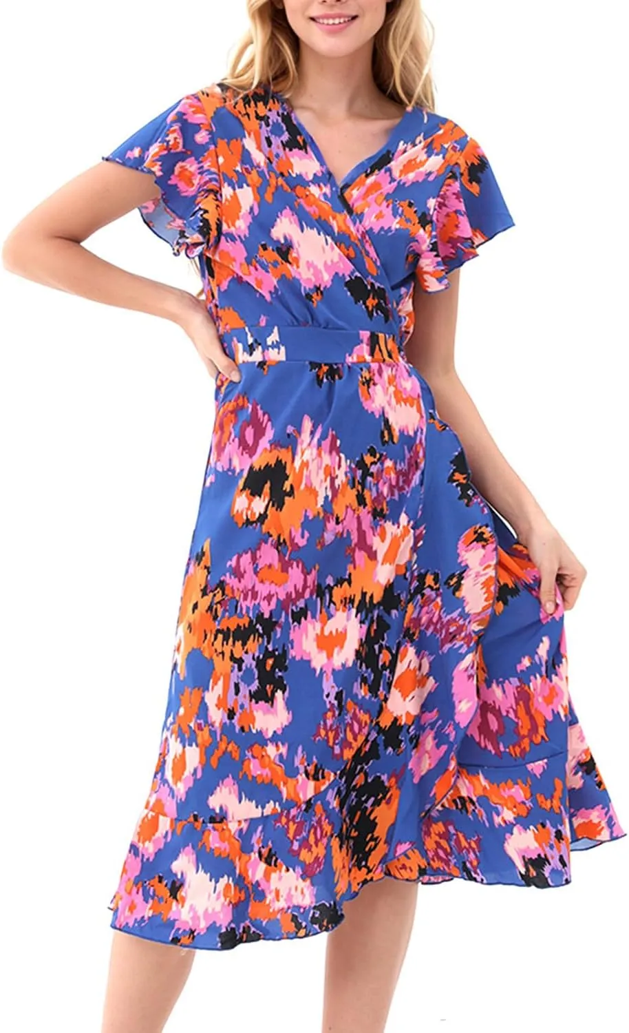 Women's Summer Wrap Maxi Dress Casual Boho Floral V Neck Short Sleeve Ruffle Hem Split Beach Long Dresses