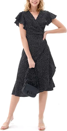 Women's Summer Wrap Maxi Dress Casual Boho Floral V Neck Short Sleeve Ruffle Hem Split Beach Long Dresses