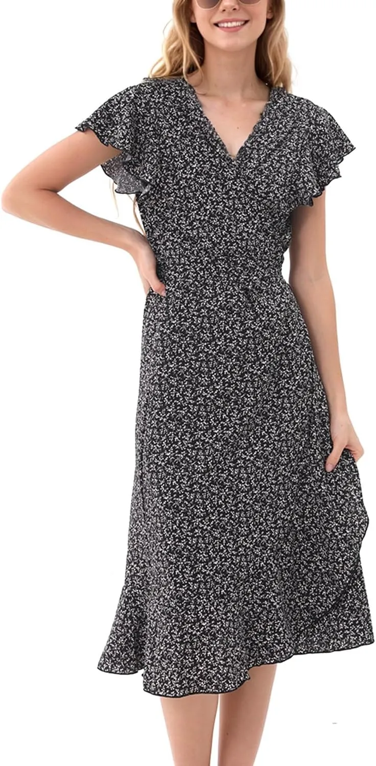 Women's Summer Wrap Maxi Dress Casual Boho Floral V Neck Short Sleeve Ruffle Hem Split Beach Long Dresses