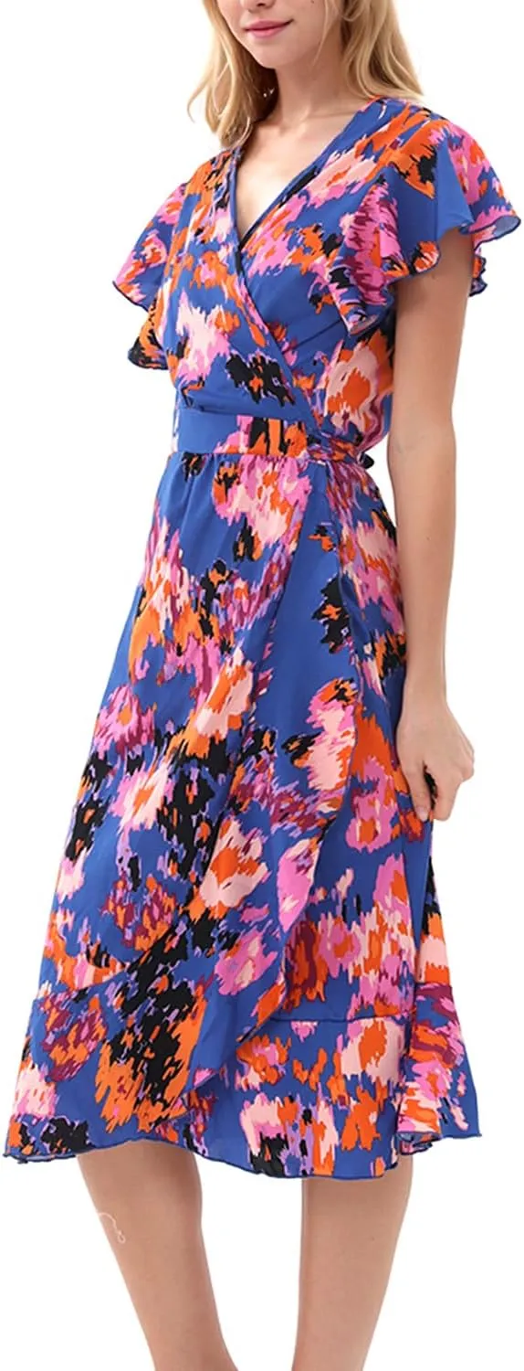 Women's Summer Wrap Maxi Dress Casual Boho Floral V Neck Short Sleeve Ruffle Hem Split Beach Long Dresses