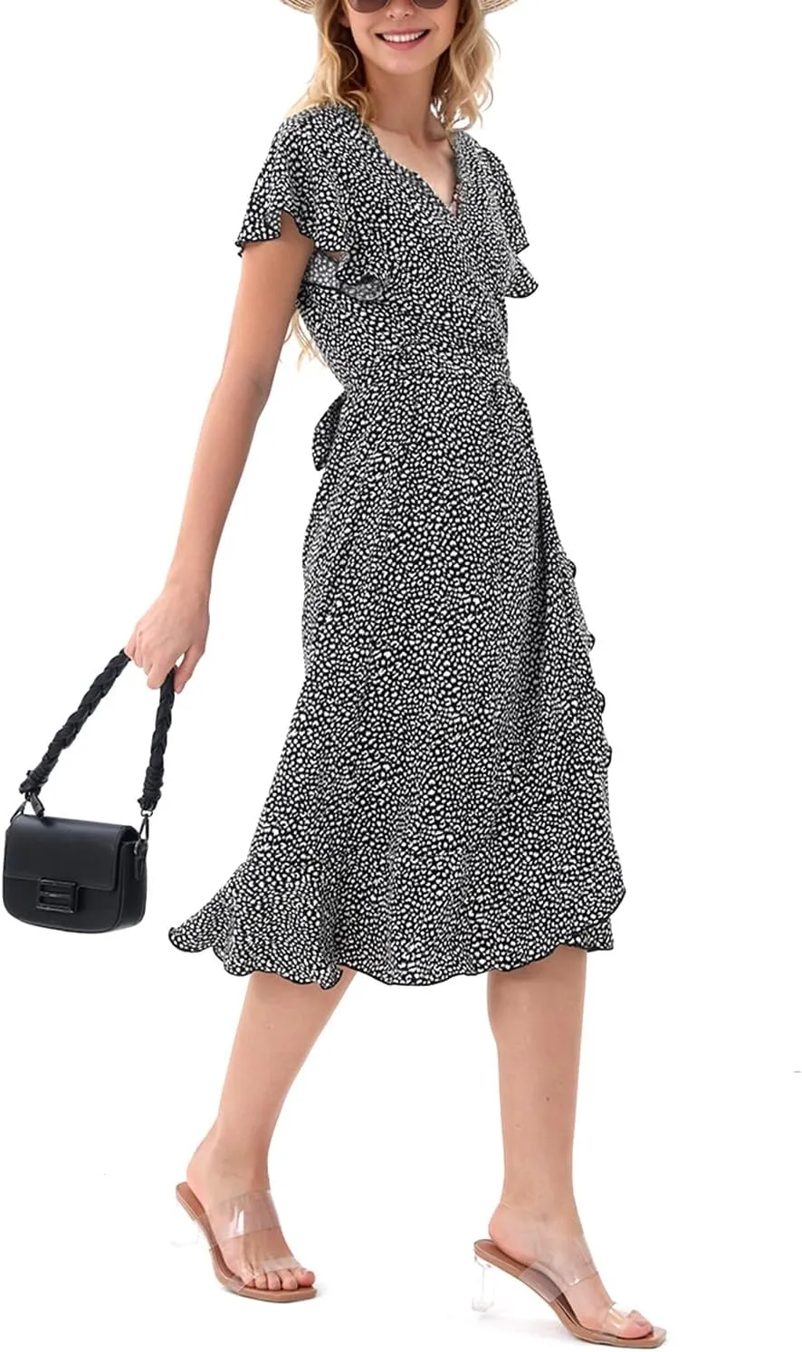 Women's Summer Wrap Maxi Dress Casual Boho Floral V Neck Short Sleeve Ruffle Hem Split Beach Long Dresses