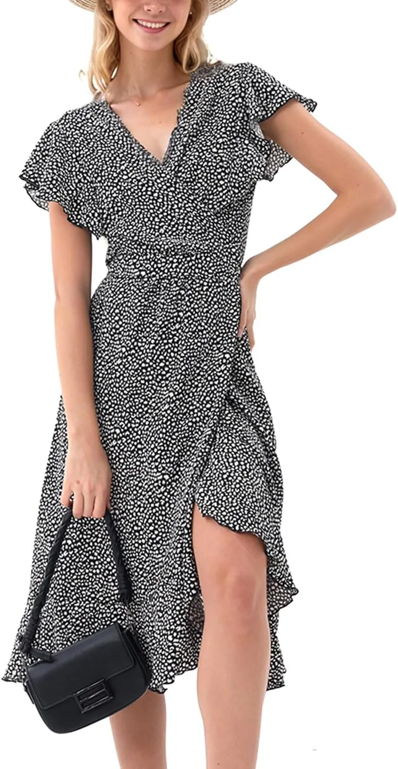 Women's Summer Wrap Maxi Dress Casual Boho Floral V Neck Short Sleeve Ruffle Hem Split Beach Long Dresses
