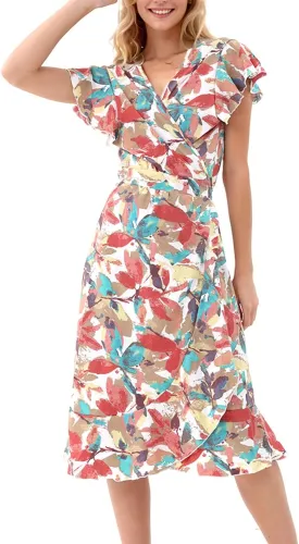 Women's Summer Wrap Maxi Dress Casual Boho Floral V Neck Short Sleeve Ruffle Hem Split Beach Long Dresses