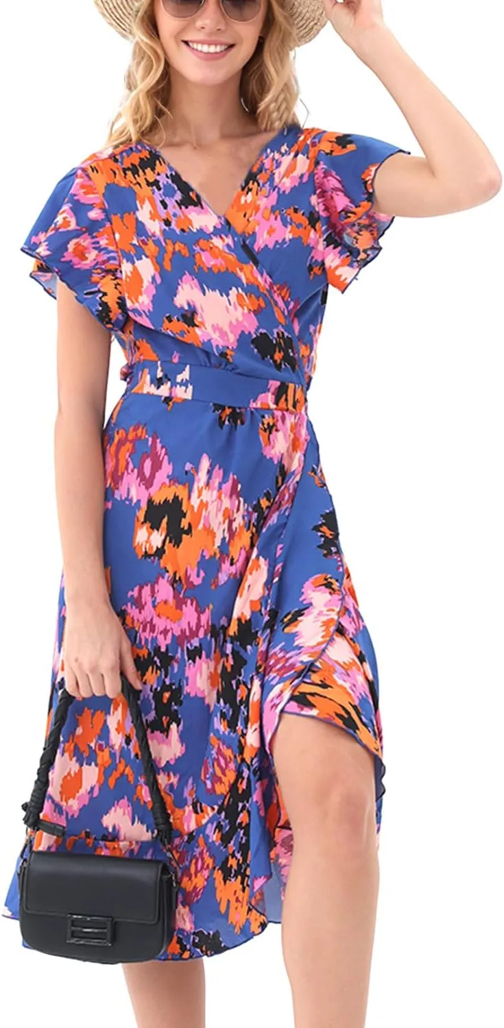 Women's Summer Wrap Maxi Dress Casual Boho Floral V Neck Short Sleeve Ruffle Hem Split Beach Long Dresses
