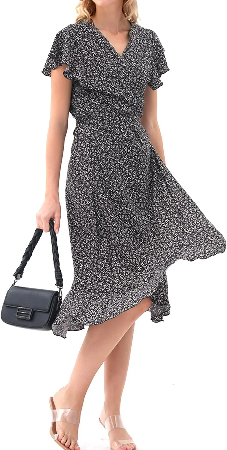 Women's Summer Wrap Maxi Dress Casual Boho Floral V Neck Short Sleeve Ruffle Hem Split Beach Long Dresses