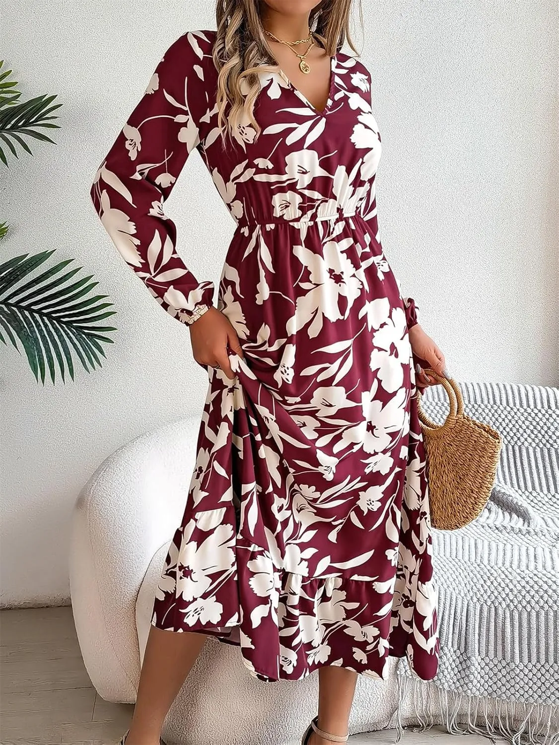 Women's Summer Wrap Midi Dress Casual Boho Floral V Neck Long Sleeve Ruffle Hem Split Beach Long Dresses