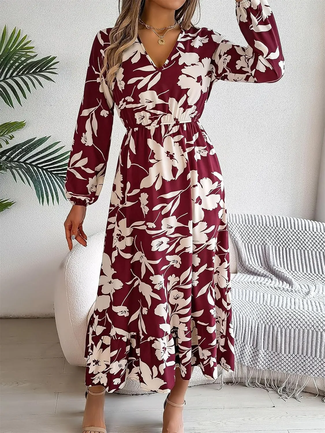 Women's Summer Wrap Midi Dress Casual Boho Floral V Neck Long Sleeve Ruffle Hem Split Beach Long Dresses