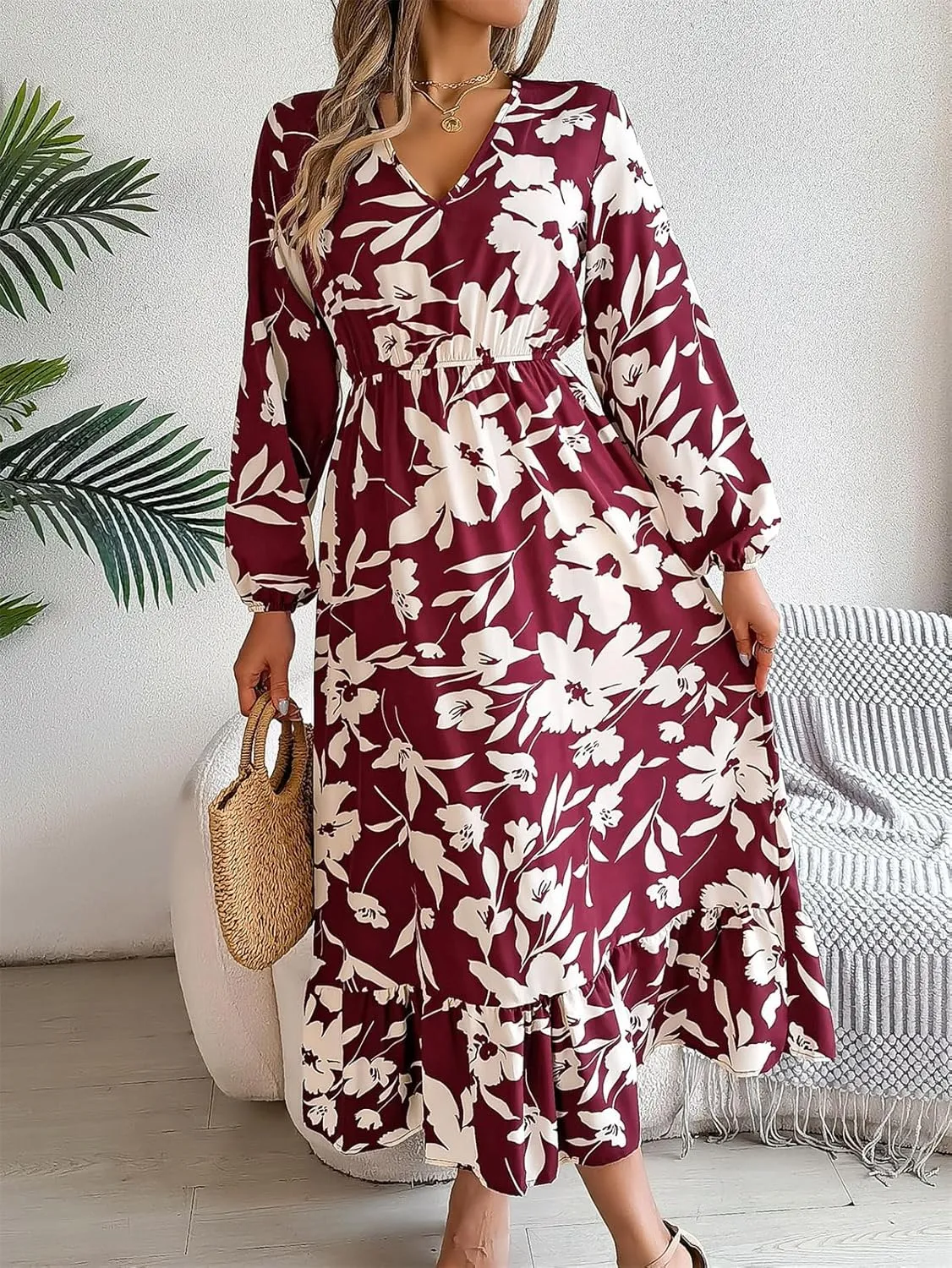 Women's Summer Wrap Midi Dress Casual Boho Floral V Neck Long Sleeve Ruffle Hem Split Beach Long Dresses