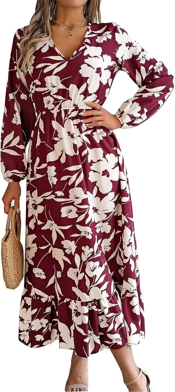 Women's Summer Wrap Midi Dress Casual Boho Floral V Neck Long Sleeve Ruffle Hem Split Beach Long Dresses