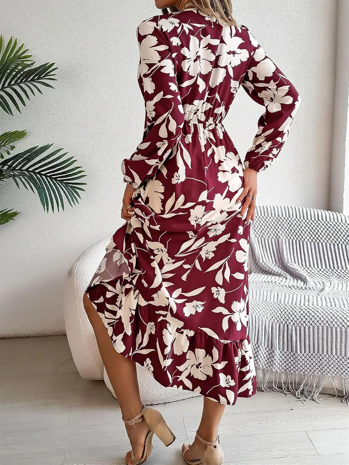 Women's Summer Wrap Midi Dress Casual Boho Floral V Neck Long Sleeve Ruffle Hem Split Beach Long Dresses
