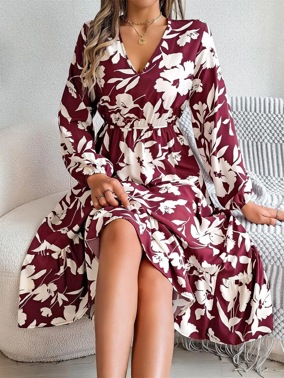 Women's Summer Wrap Midi Dress Casual Boho Floral V Neck Long Sleeve Ruffle Hem Split Beach Long Dresses