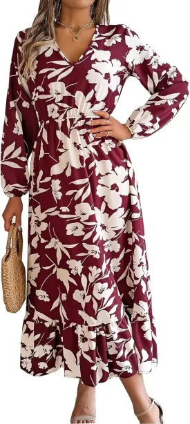 Women's Summer Wrap Midi Dress Casual Boho Floral V Neck Long Sleeve Ruffle Hem Split Beach Long Dresses