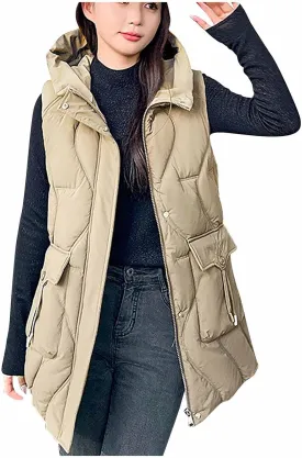 Women's Tunic Puffer Vest Insulated Hooded Sleeveless Quilted Jackets Winter Outwear Warm Gilet Coats with Pockets