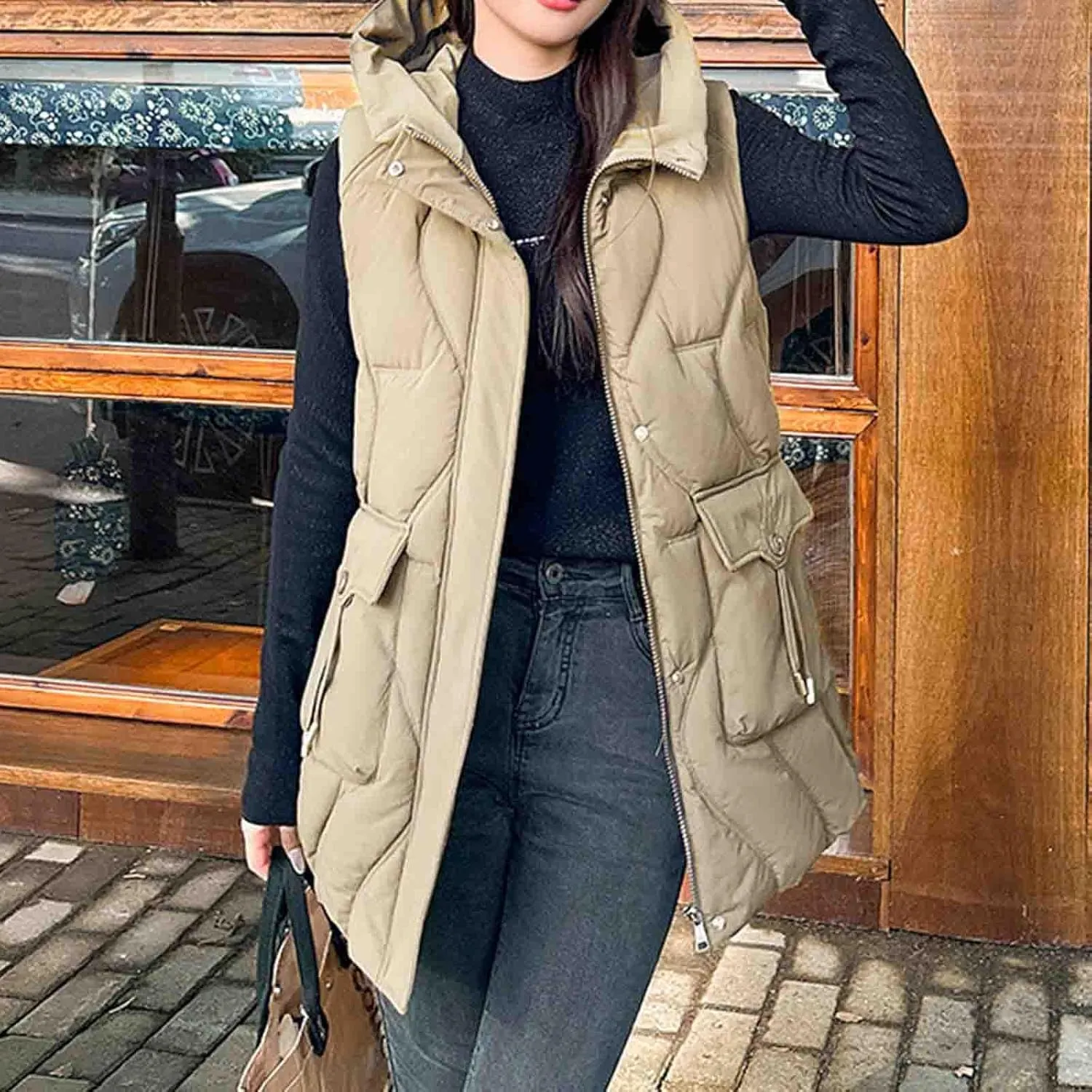 Women's Tunic Puffer Vest Insulated Hooded Sleeveless Quilted Jackets Winter Outwear Warm Gilet Coats with Pockets