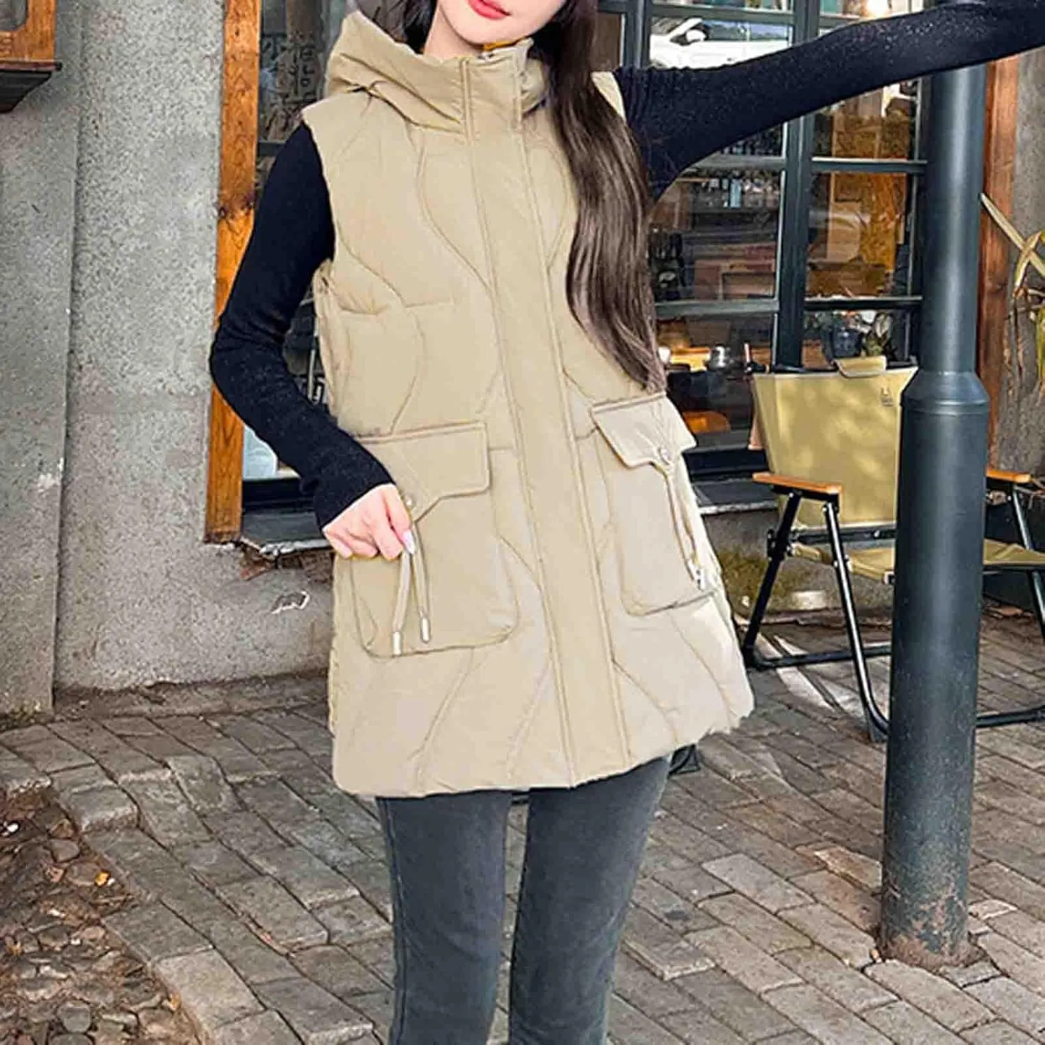 Women's Tunic Puffer Vest Insulated Hooded Sleeveless Quilted Jackets Winter Outwear Warm Gilet Coats with Pockets