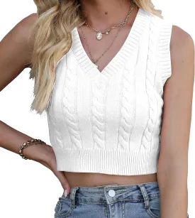 Women's V-Neck Knit Sweater Vest Solid Color Sleeveless Crop Knit Vest Sweaters