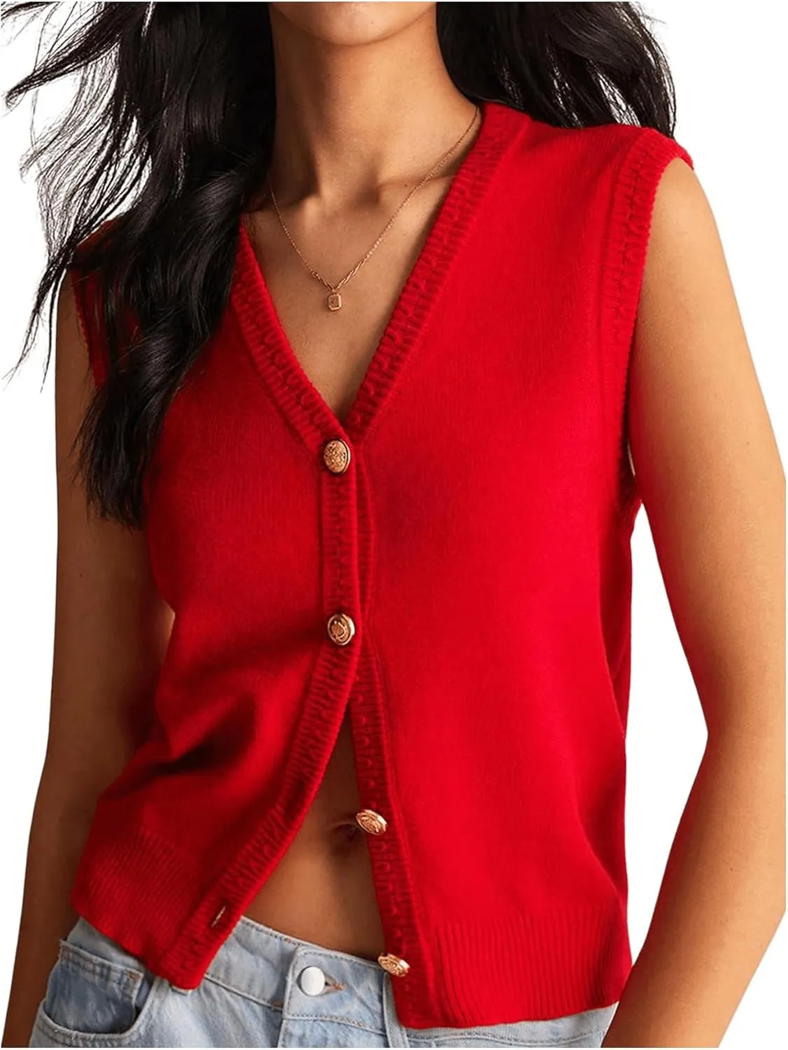 Women's V Neck Sweater Vest Button Down Sleeveless Vest Cardigan Casual Knit Vest