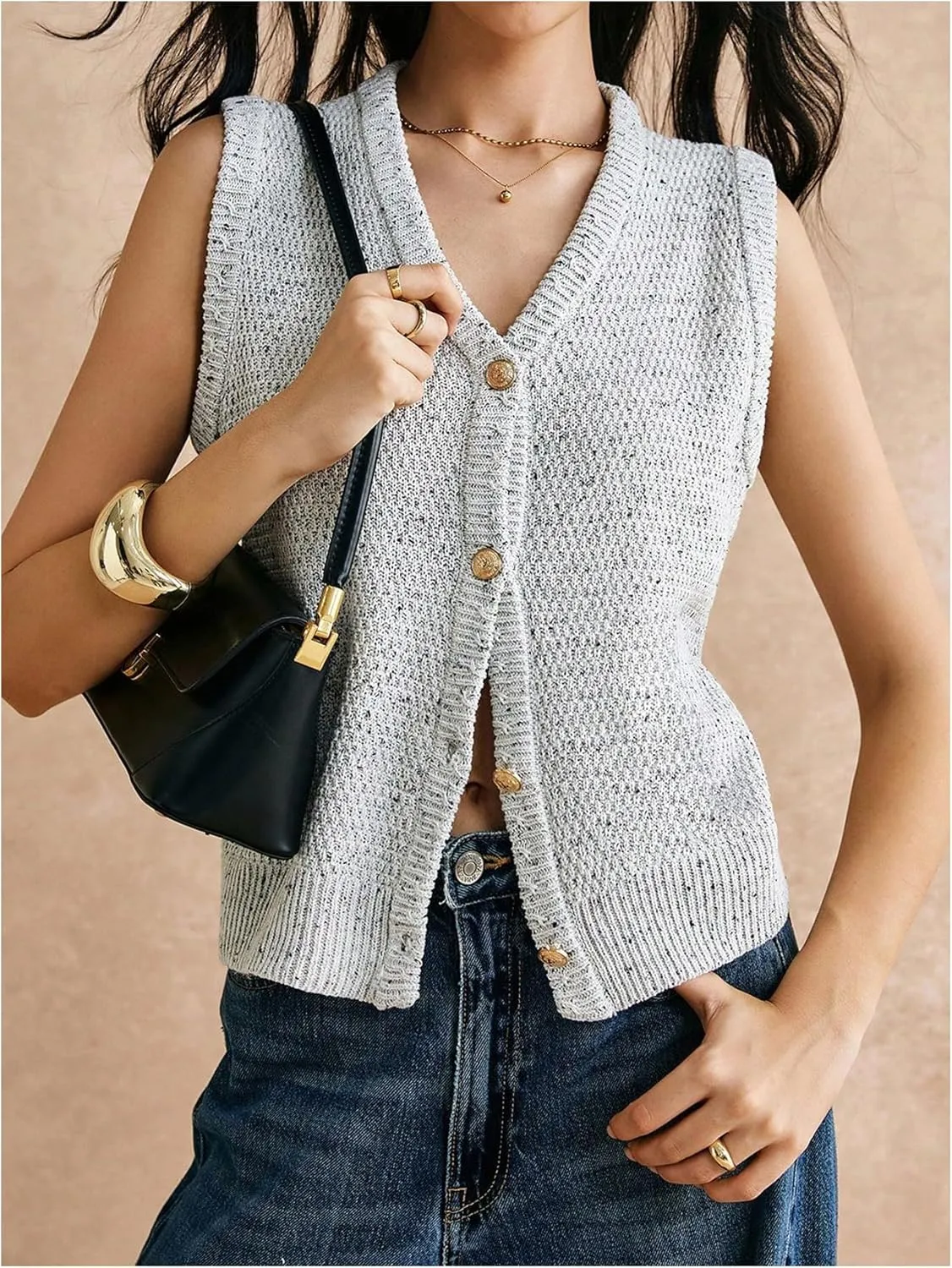 Women's V Neck Sweater Vest Button Down Sleeveless Vest Cardigan Casual Knit Vest