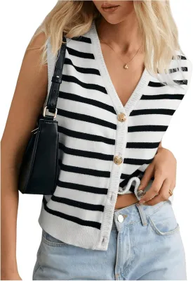 Women's V Neck Sweater Vest Button Down Sleeveless Vest Cardigan Casual Knit Vest