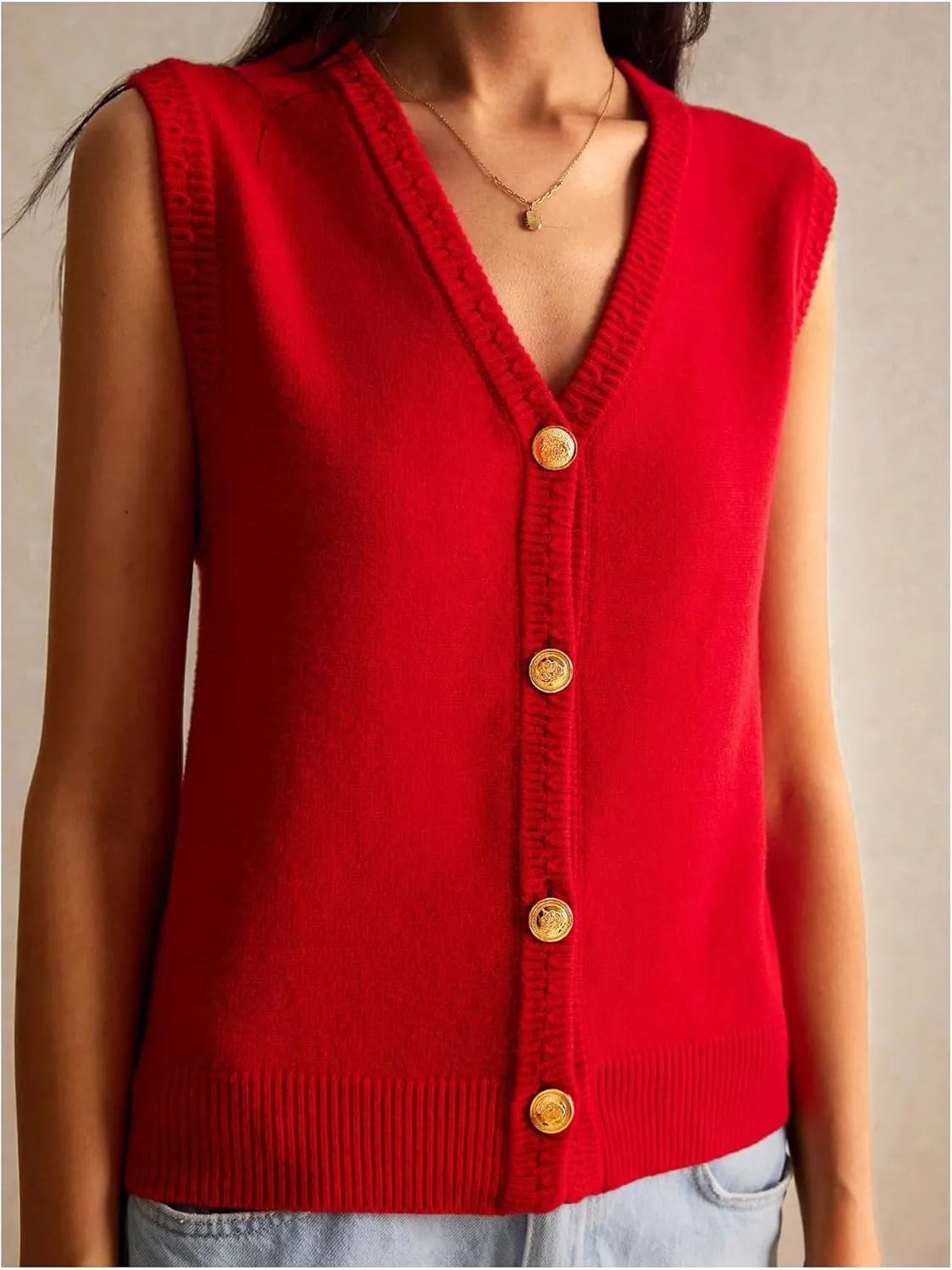 Women's V Neck Sweater Vest Button Down Sleeveless Vest Cardigan Casual Knit Vest