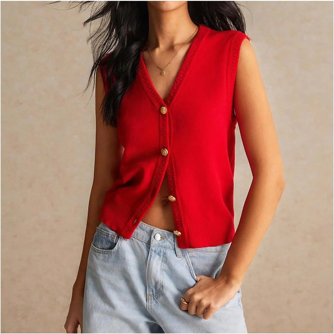 Women's V Neck Sweater Vest Button Down Sleeveless Vest Cardigan Casual Knit Vest