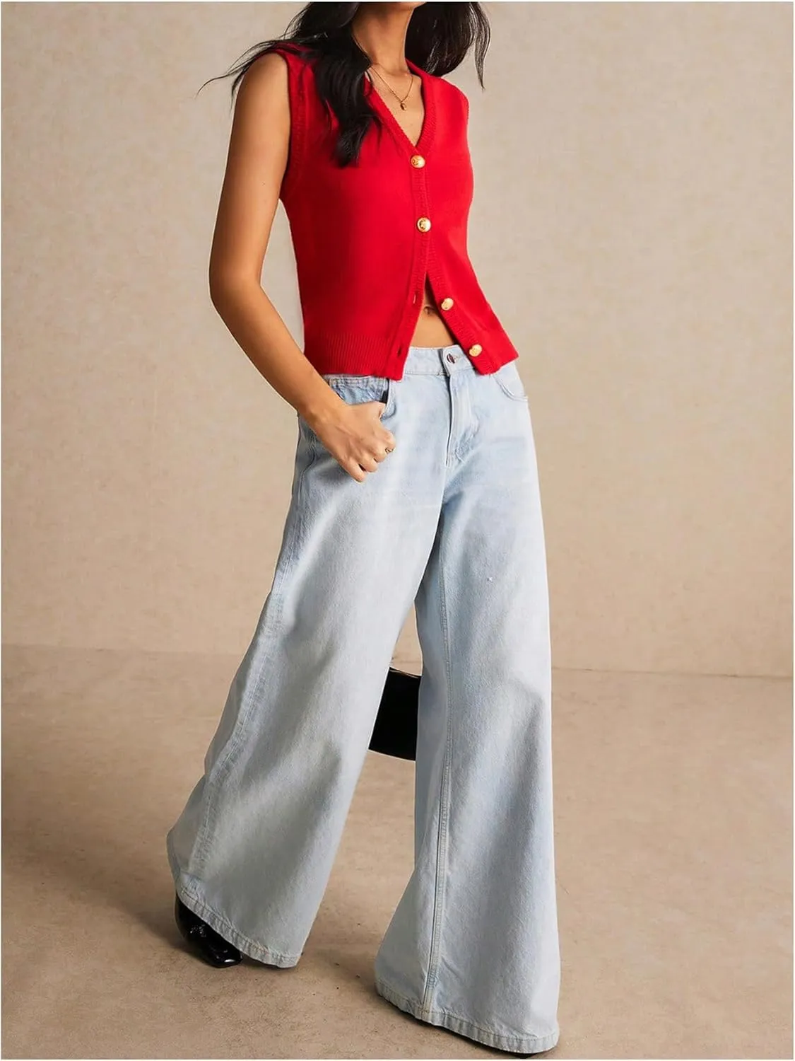 Women's V Neck Sweater Vest Button Down Sleeveless Vest Cardigan Casual Knit Vest
